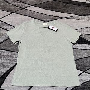 BKE CUT-OUT V-NECK SEAGRASS HEATHER KNIT TOP TEE-SHIRT MEDIUM